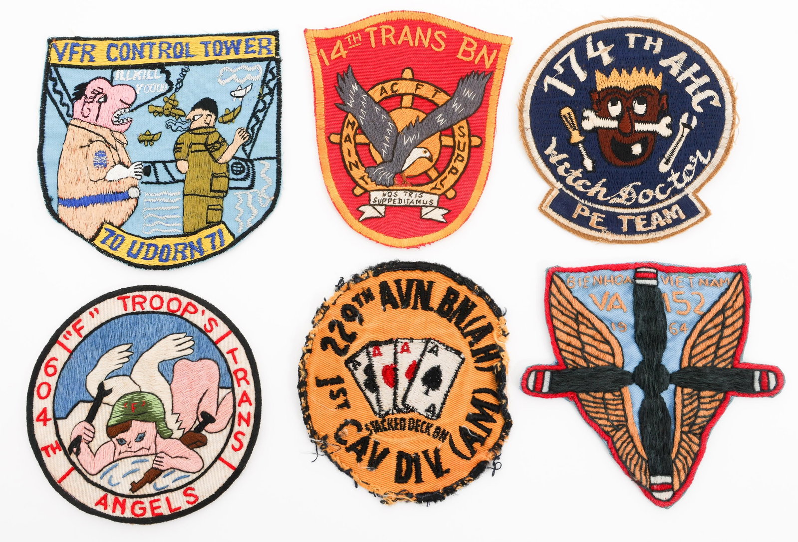 VIETNAM WAR US AVIATION UNIT & NOVELTY PATCHES: VIETNAM WAR US AVIATION UNIT & NOVELTY PATCHES Vietnam War US Aviation Unit & Novelty Patches, Includes 174th Assault Helicopter Company, 14th Transportation Battalion, 604th Troop Transport, 229th Av