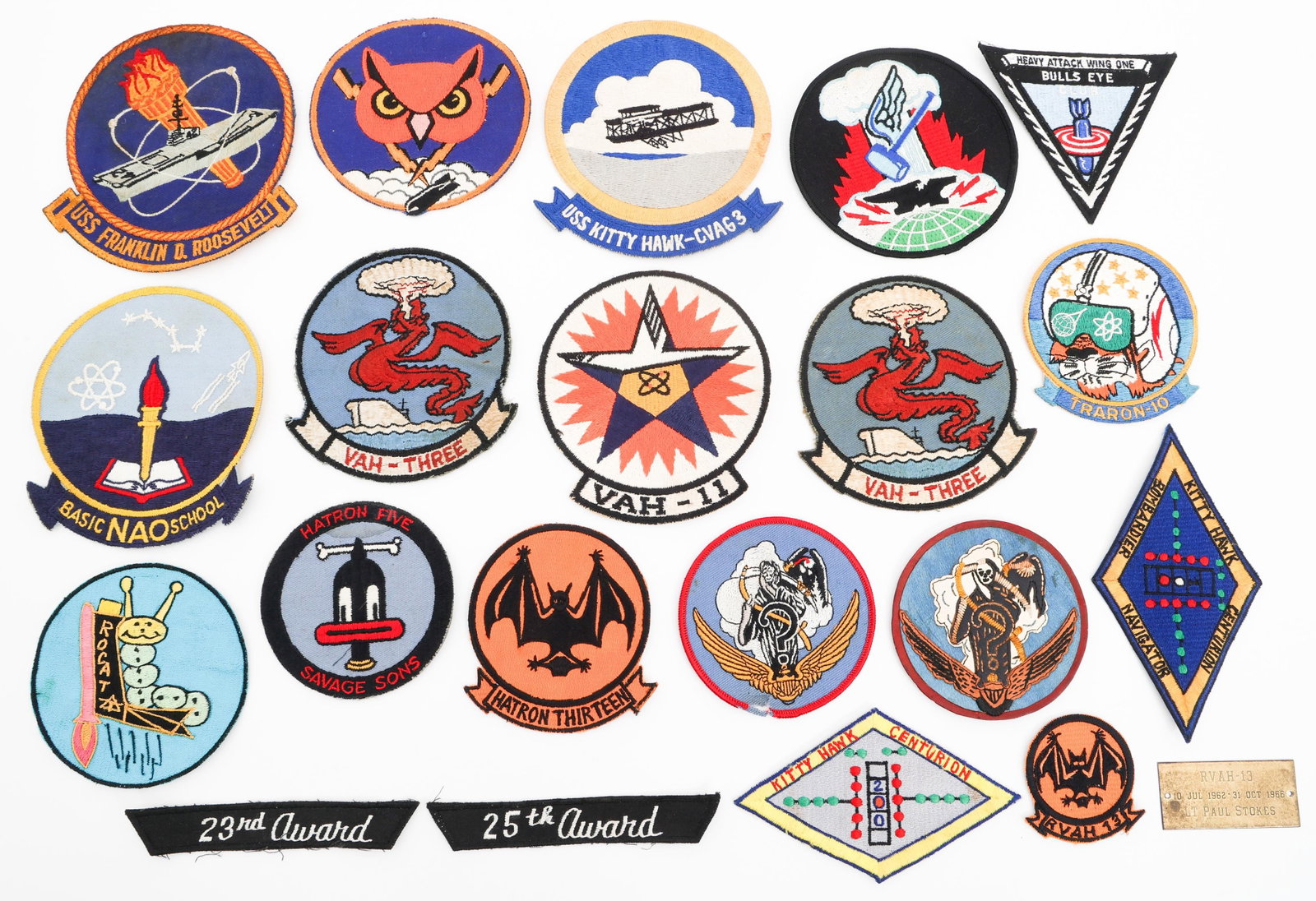 VIETNAM WAR - GULF WAR US NAVY SQUADRON PATCHES: VIETNAM WAR - GULF WAR US NAVY SQUADRON PATCHES Vietnam War - Gulf War US Navy Attack, Training, Carrier and Recon Squadron Patches.(1) RVAH-13 Patch and Placard named to Lt. Paul Stokes July 1962- Oc