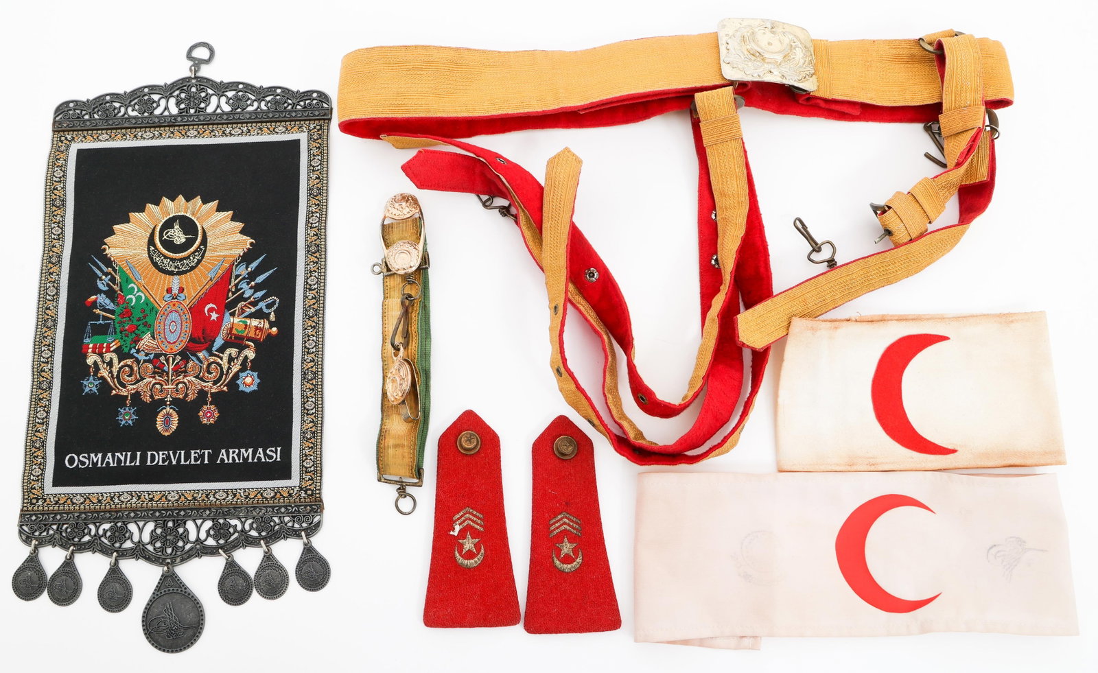 OTTOMAN EMPIRE SWORD BELT, BANNER & INSIGNIA: OTTOMAN EMPIRE SWORD BELT, BANNER & INSIGNIA Ottoman Empire Sword Belt, Banner and Insignia. (1) Sword Belt. Includes belt hanger. (1) Osmanli Devlet Armasi Banner. (1) Shoulder Board Set. (2) Armband