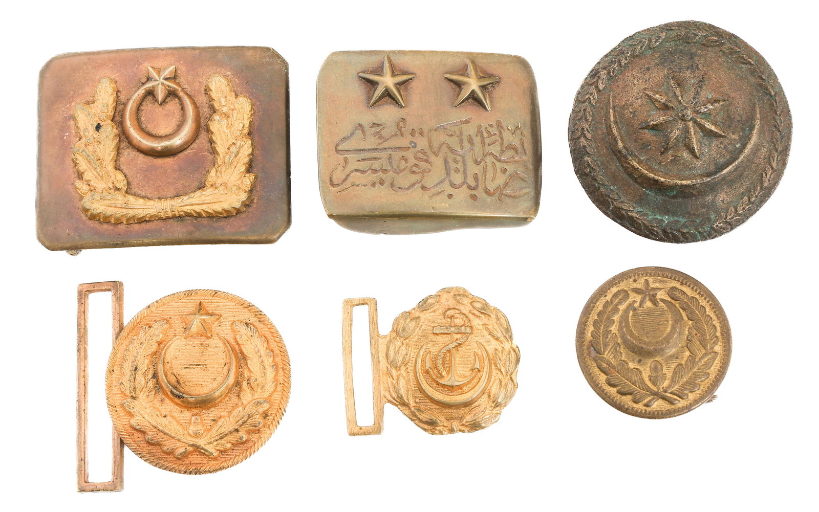 WWI OTTOMAN EMPIRE MILITARY BELT BUCKLES: WWI OTTOMAN EMPIRE MILITARY BELT BUCKLES WWI Ottoman Empire Military Belt Buckles. Brass construction. One maker marked AS.FA and the rest have no visible marks or stamps.