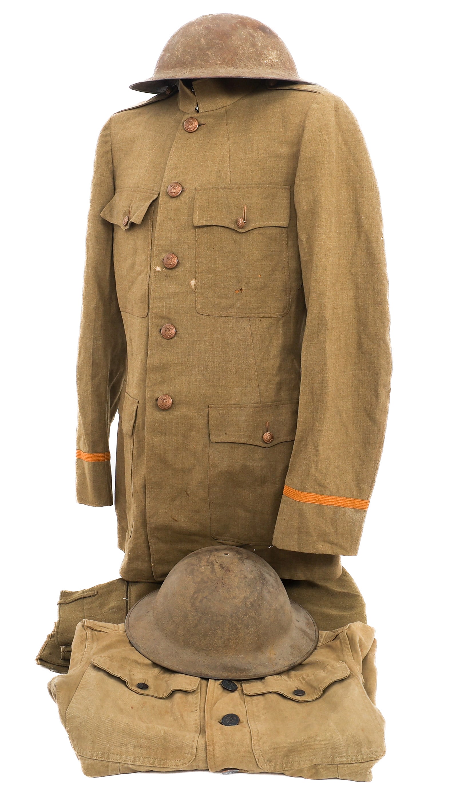 WWI US ARMY M1917 HELMETS & UNIFORM: WWI US ARMY M1917 HELMETS & UNIFORM WWI US Army M1917 Helmets and Uniform. (2) M1917 Helmets. No liner or chinstrap. (1) M1910 Tunic. Cotton construction with Sergeant ranks. Stamps present. (1) Offic