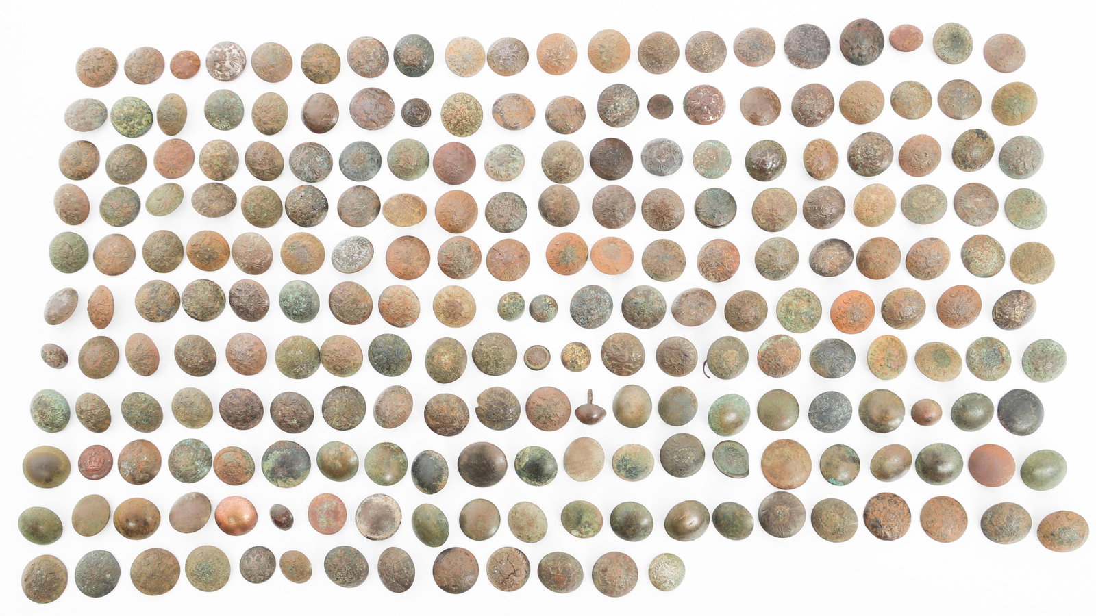 WWI IMPERIAL GERMAN & RUSSIAN DUG TUNIC BUTTONS: WWI IMPERIAL GERMAN & RUSSIAN DUG TUNIC BUTTONS WWI Imperial German & Russian Dug Relic Tunic Buttons. Includes various styles and sizes. Provenance: Estate Militaria & Arms Collection of Dr. Steven D