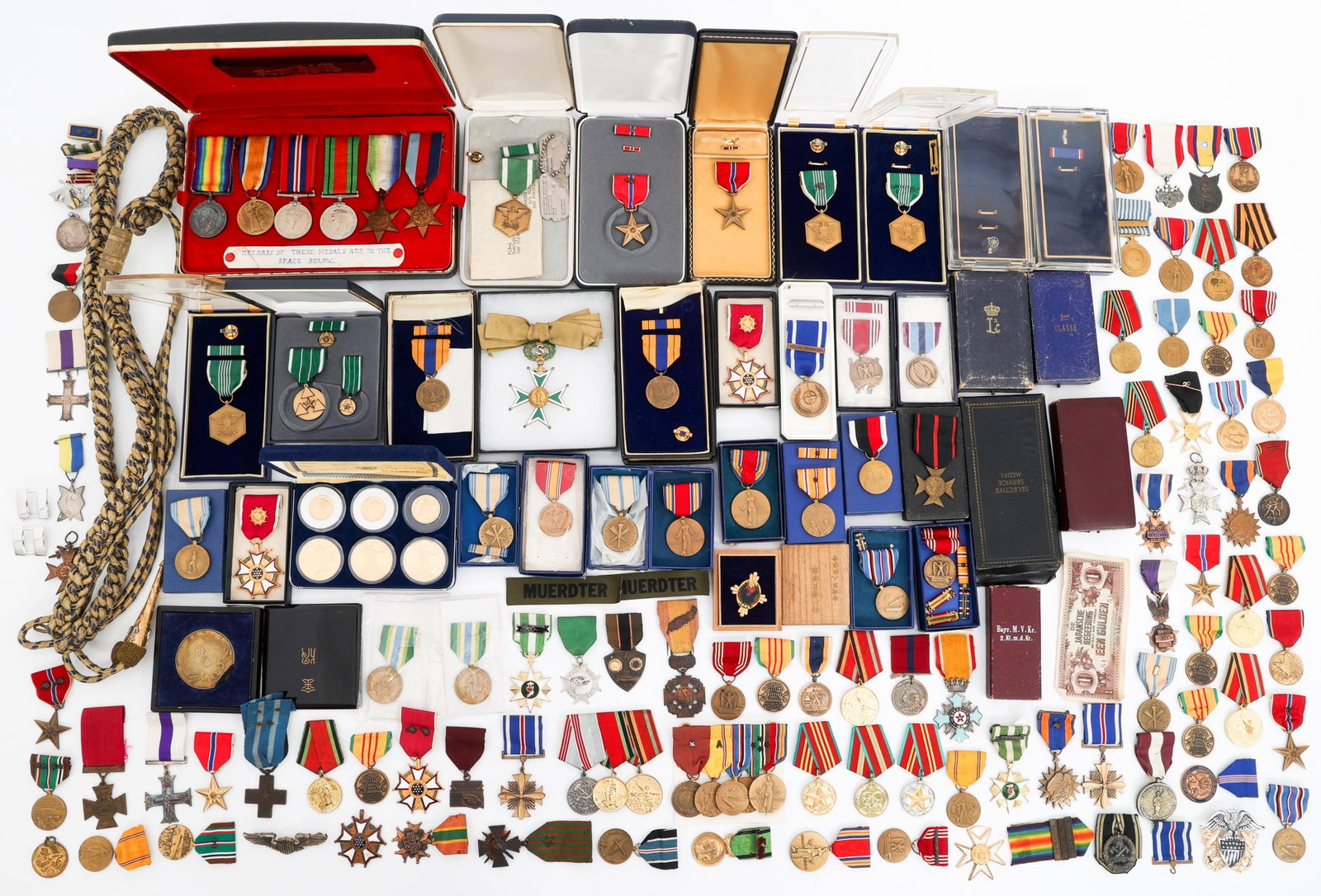 WWI - CURRENT WORLD MILITARY MEDAL BONANZA: WWI - CURRENT WORLD MILITARY MEDAL BONANZA WWI - Modern World Military Medals. Includes Bronze Stars, Distinguished Flying Crosses, Bavarian Merit Medals, British WWI & WWII medals, Legion of Merit, V