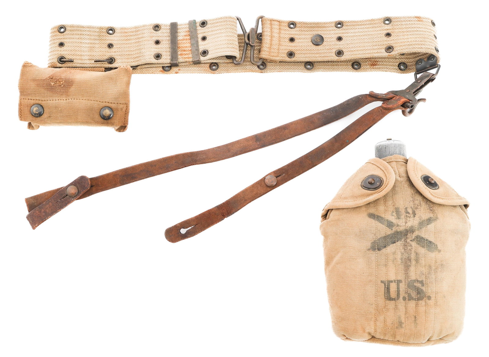 WWI US AEF 49th ARTILLERY CANTEEN & PISTOL BELT: WWI US AEF 49th ARTILLERY CANTEEN & PISTOL BELT WWI US AEF 49th Artillery Regiment Canteen & Pistol Belt. (1) M1910 Canteen and canvas cover with unit marking. (1) M1910 Pistol Belt. Maker marked by R