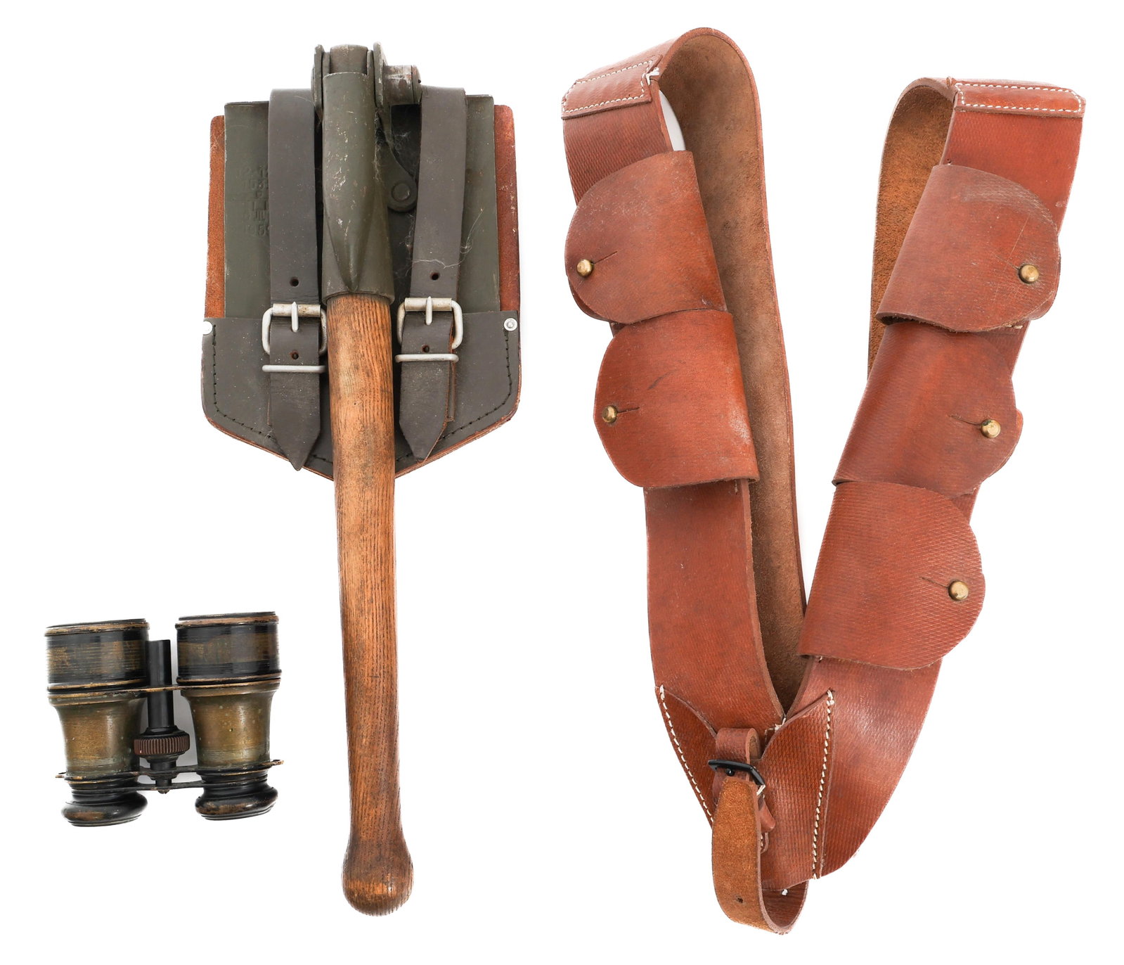GERMAN ENTRENCHING TOOL & WWI FRENCH BINOCULARS: GERMAN ENTRENCHING TOOL & WWI FRENCH BINOCULARS (1) WWI French Binoculars. Marked "Lavelle Paris". (1) Cold War German Entrenching shovel with cover. (1) Modern Copy of French Foreign Legion Lebel Ban