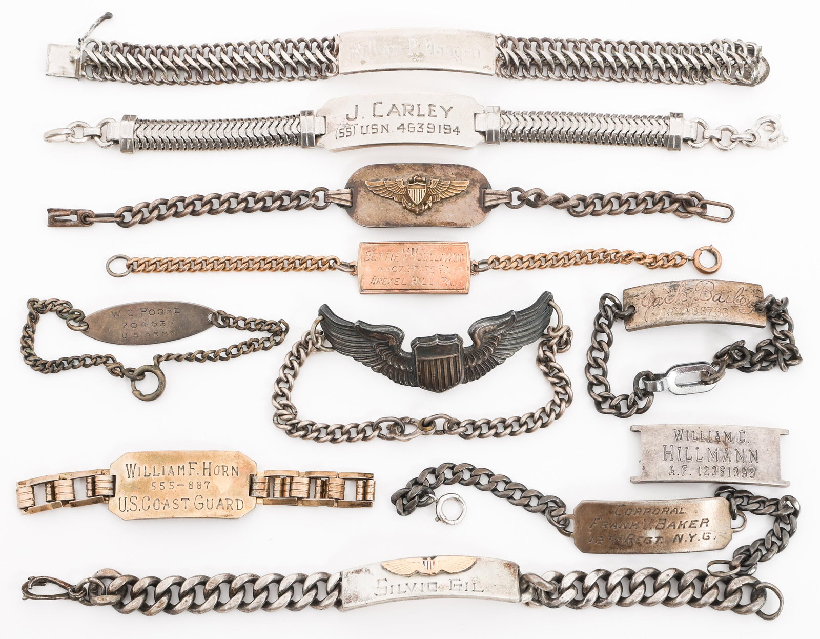 WWI - KOREAN WAR US ID & SWEETHEART BRACELETS: WWI - KOREAN WAR US ID & SWEETHEART BRACELETS WWI - Korean War US Armed Forces Identification & Sweetheart Bracelets. Includes sterling pilot wing bracelet, naval aviator bracelet, sterling silver bra