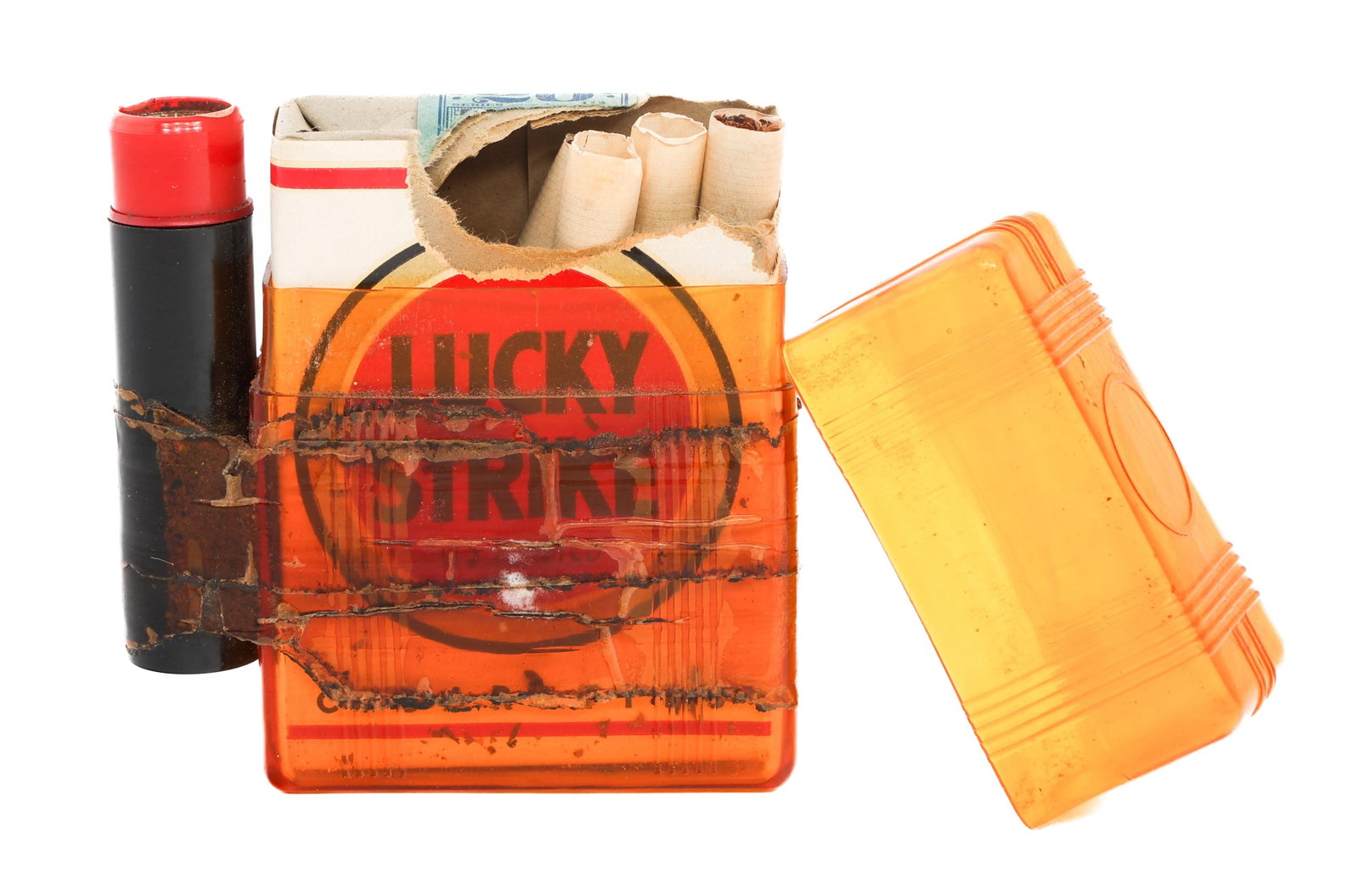 WWII US LUCKY STRIKE CIGARETTE PACK & LIGHTER: WWII US LUCKY STRIKE CIGARETTE PACK & LIGHTER WWII US Lucky Strike Cigarette Pack & Lighter. Opened package with remaining cigarettes inside a plastic waterproof cigarette case. Broken series no. 115 