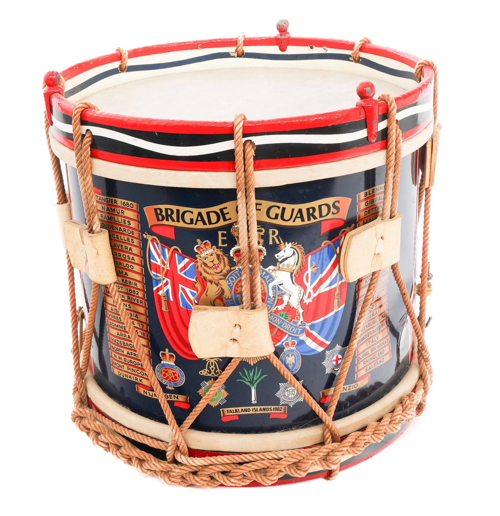 1982 UK FALKLAND ISLAND REGIMENTAL DRUM: 1982 UK FALKLAND ISLAND REGIMENTAL DRUM 1982 British Falkland Islands "Brigade of Guards" Regimental Drum. Removable Plexiglass top to be used as a side table. Size: 14 3/8" x 15"