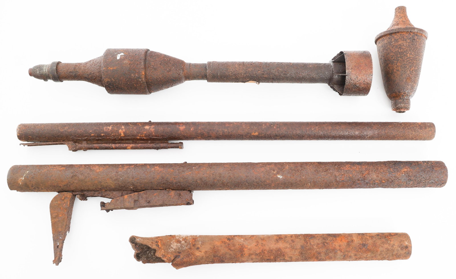 WWII GERMAN DUG RELIC PANZERFAUST & SCHREK PARTS: WWII GERMAN DUG RELIC PANZERFAUST & SCHREK PARTS WWII German Dug Relic Panzerfaust and Panzerschrek Parts. Size: 21 lbs. Provenance: Estate Militaria & Arms Collection of Dr. Steven D. Nicklas (1956-2