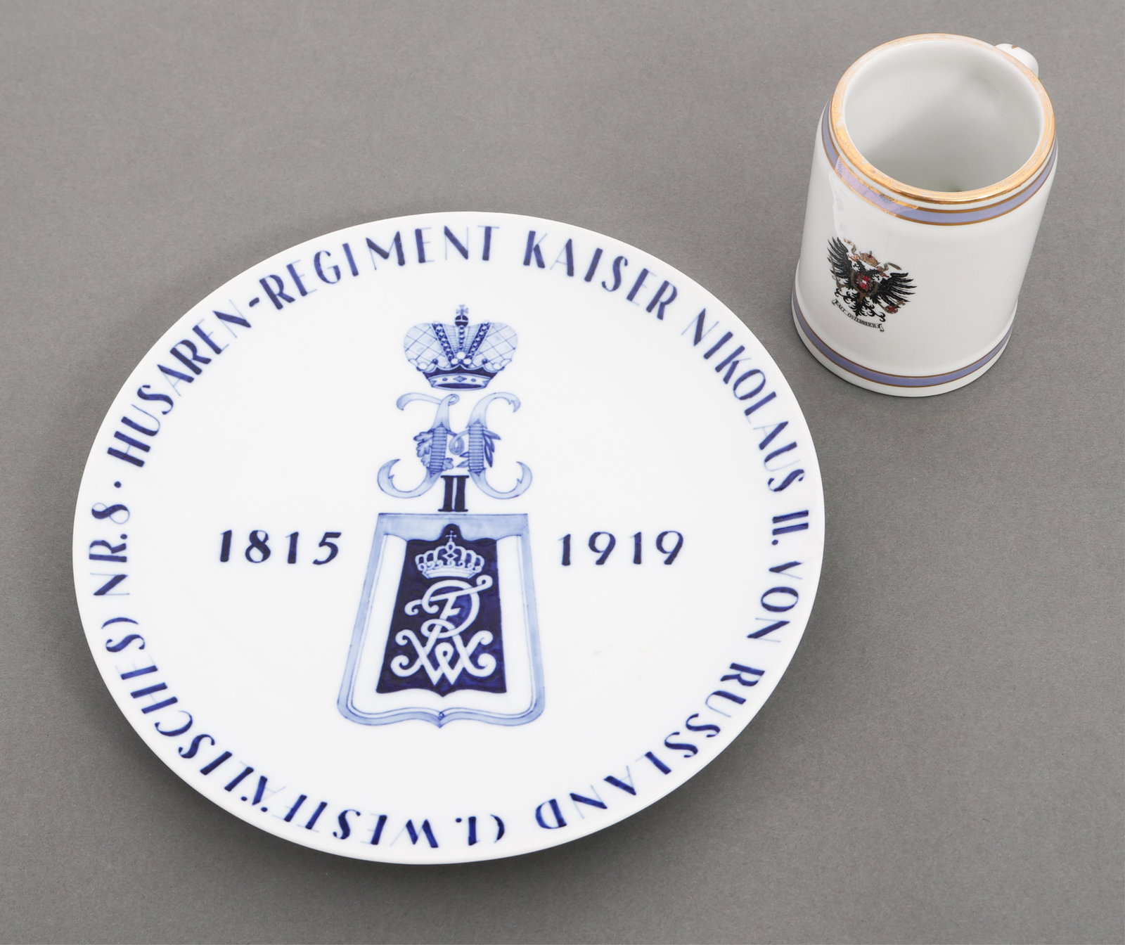 IMPERIAL GERMAN REGIMENTAL COMMEMORATIVE PLATE: IMPERIAL GERMAN REGIMENTAL COMMEMORATIVE PLATE Imperial German Meissen Regimental Commemorative Plate & Austrian Mug. (1) Imperial German 8th "King Nicholas II of Russia" Hussar Regiment Commemorative