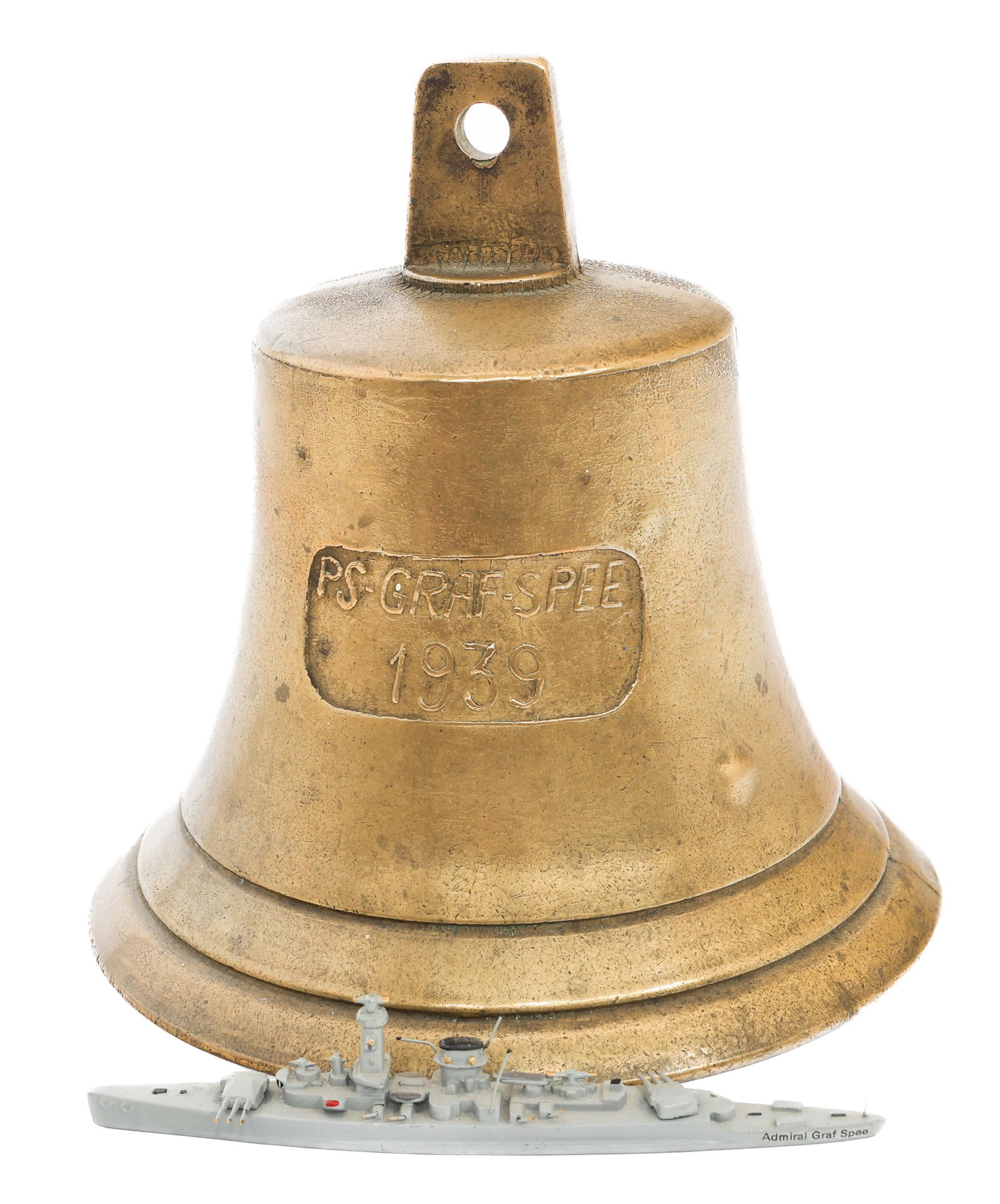 COMMEMORATIVE WWII GERMAN ADMIRAL GRAF SPEE MODELS: COMMEMORATIVE WWII GERMAN ADMIRAL GRAF SPEE MODELS Commemorative WWII German Admiral Graf Spee Bell and Ship Models. (1) Bell. Brass construction. "PS Graf Spee 1939" stamped on the side. Size: 8" x 7