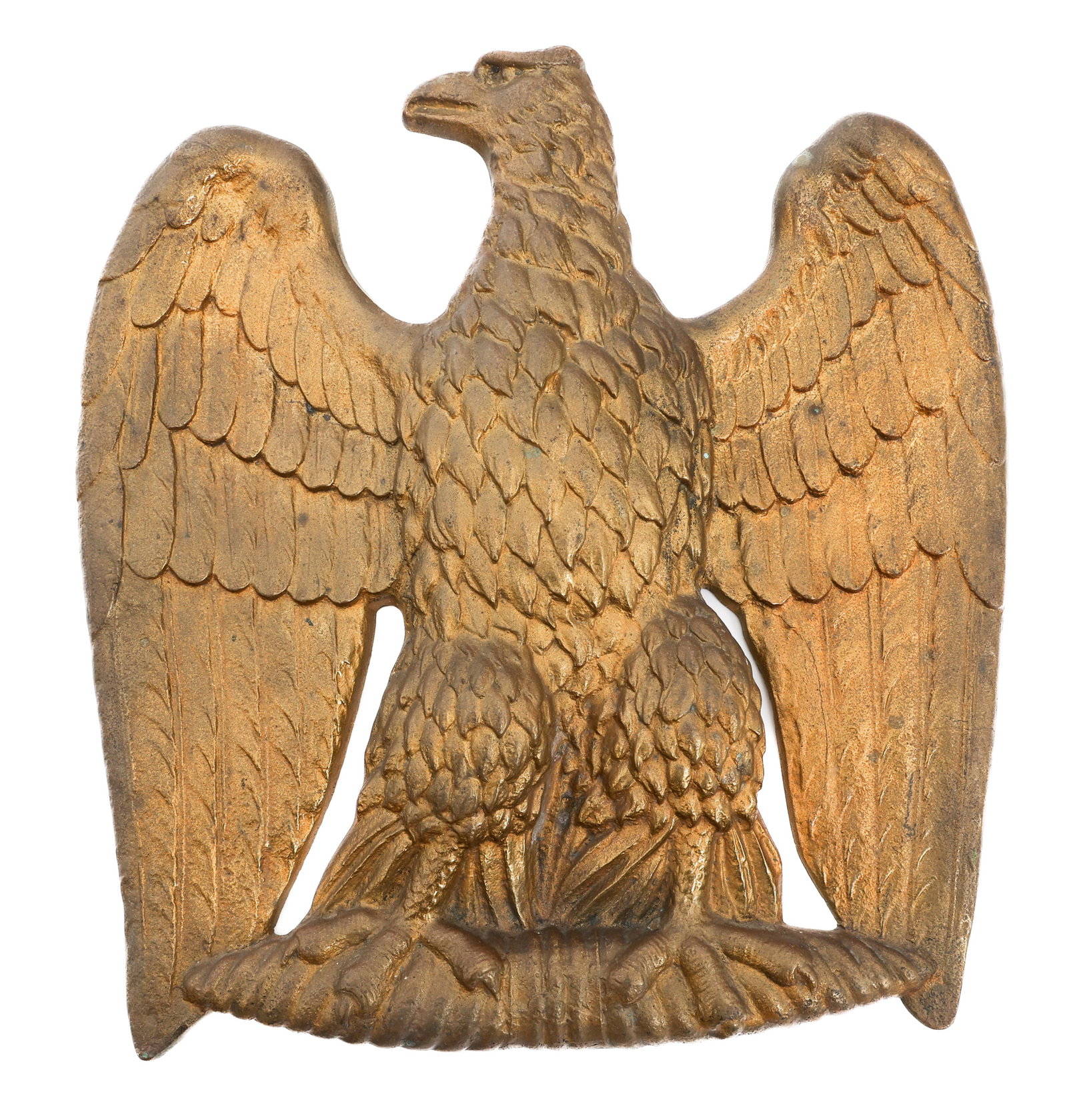 FRENCH 1st EMPIRE CAST IRON WALL EAGLE: FRENCH 1st EMPIRE CAST IRON WALL EAGLE French 1st Empire Wall Eagle. Gilded brass construction. No visible marks. Size: 12 1/2" x 12" Weight: 8 lbs