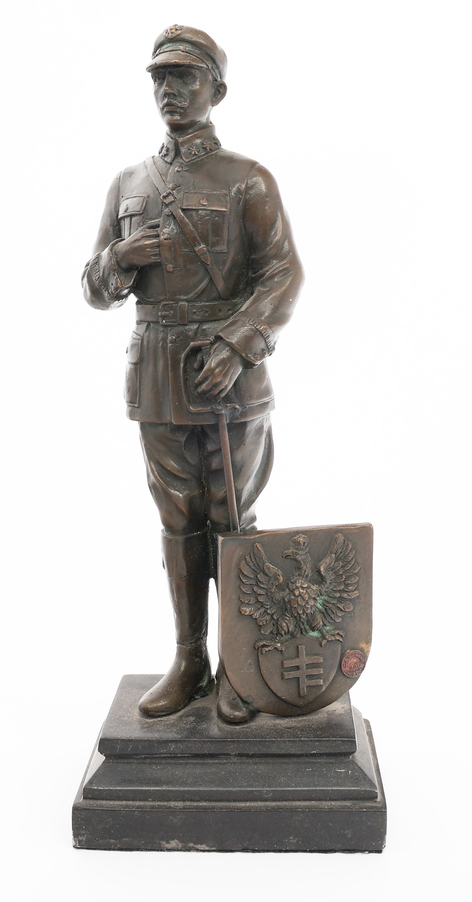 POLISH GUARD BRONZE STATUE - MIGUEL FERNANDO LOPEZ: POLISH GUARD BRONZE STATUE - MIGUEL FERNANDO LOPEZ Polish Guard Statue. Signed by Milo (Miguel Fernando Lopez) on the shield. Bronze construction. Size: 11 1/2"