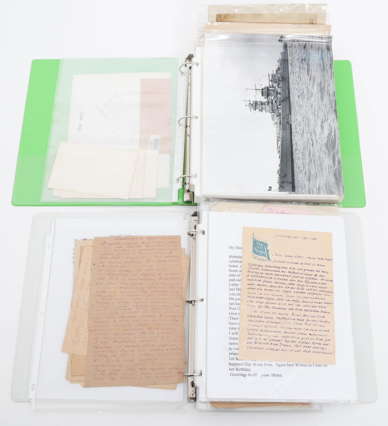 WWII GERMAN SOLDIER LETTERS & GRAF SPREE PAPERWORK: WWII GERMAN SOLDIER LETTERS & GRAF SPREE PAPERWORK WWII German Soldier Translated Wartime Letters & Graf Spree Paperwork. (1) Collection of German Soviet POW Translated Letters. Named to POW Heinz Mol