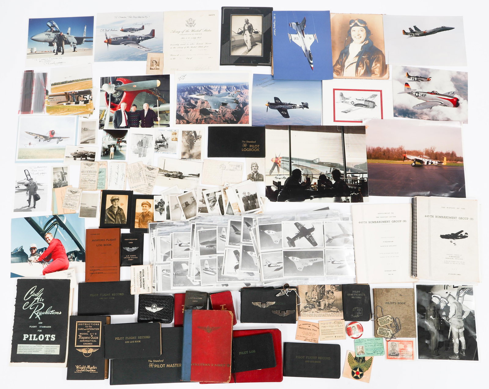 WWI - COLD WAR US ARMED FORCES AVIATION EPHEMERA: WWI - COLD WAR US ARMED FORCES AVIATION EPHEMERA WWI - Cold War US Armed Forces Aviation Ephemera. Includes three Chuck Yeager hand-signed photographs, one is also signed by Bud Anderson. Also include