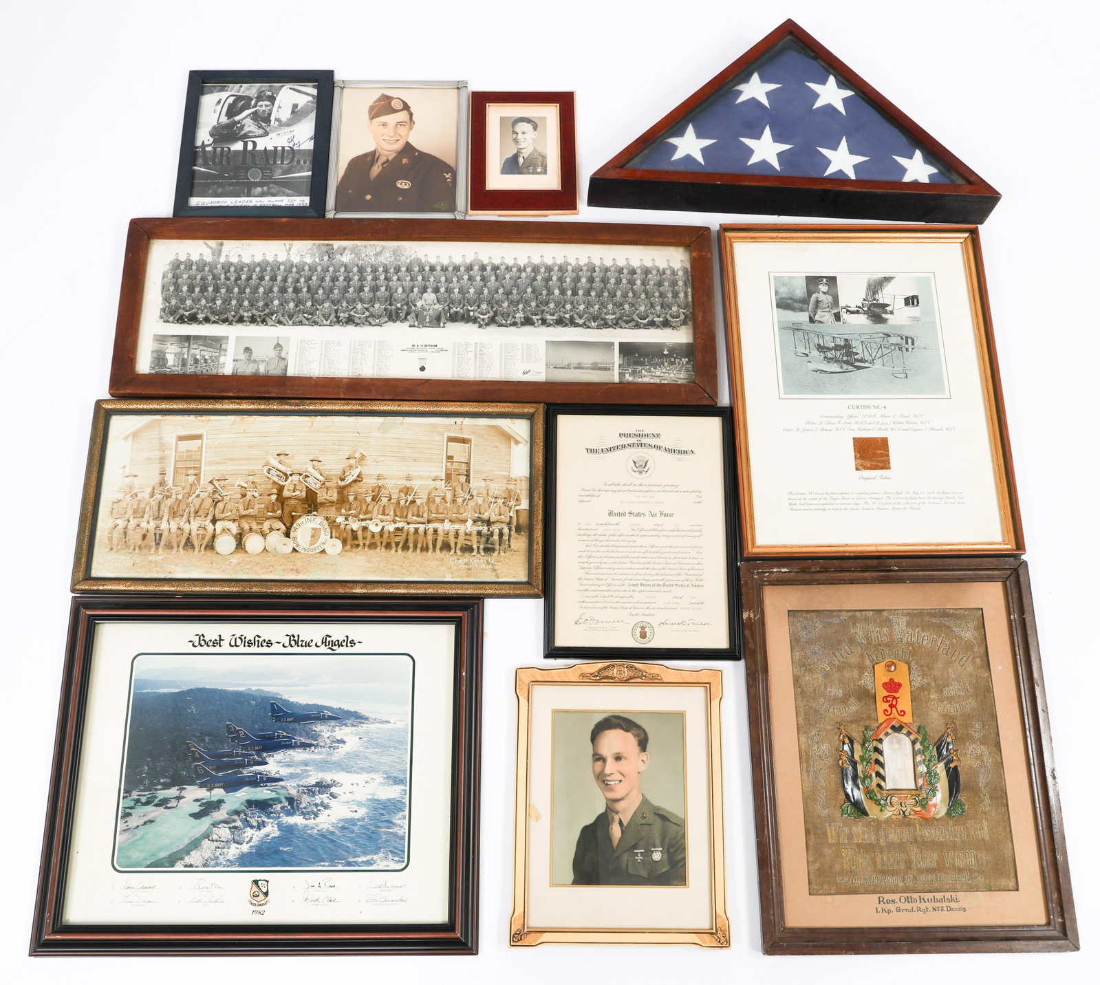 WWI - COLD WAR US & GERMAN PHOTOS, CERTS & FLAG: WWI - COLD WAR US & GERMAN PHOTOS, CERTS & FLAG WWI - Cold War US and German Framed Photos, certifcates, Photo Prints and Flag. Includes Tri Fold US Flag, Signed Blue Angels photo print, studio portra