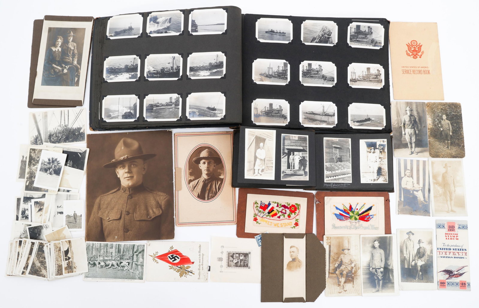 WWI - WWII US & FRENCH PHOTOGRAPHS & POSTCARDS: WWI - WWII US & FRENCH PHOTOGRAPHS & POSTCARDS WWI - WWII US & French Photographs & Postcards. Includes US AEF training photo album, WWII US Navy photo album, WWI French cigarette cards, postcards, WW