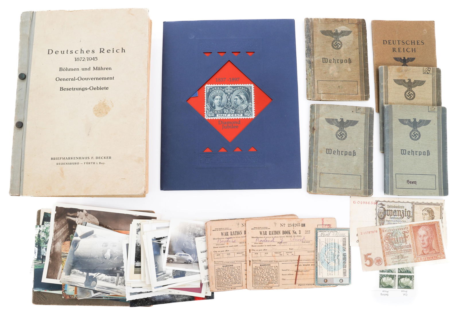 19th C. - WWII GERMAN & CANADIAN STAMPS & EPHEMERA: 19th C. - WWII GERMAN & CANADIAN STAMPS & EPHEMERA 19th Century - WWII German, Canadian and US Postage Stamps and Ephemera. Includes Queen Victoria Diamond Jubilee stamps, WWII German citizens Wehrpas