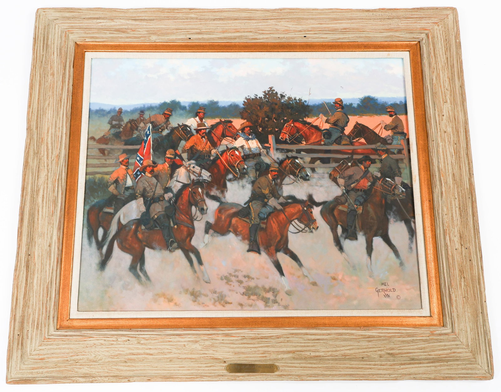 MEL GERHOLD "MAJOR GILMORE IN THE VALLEY" PAINTING: MEL GERHOLD "MAJOR GILMORE IN THE VALLEY" PAINTING Mel Gerhold "Major Gilmore in The Valley" Oil on Board Painting. Depicts Civil War cavalry charge. Hand signed by Gerhold. Size: 35" x 41"