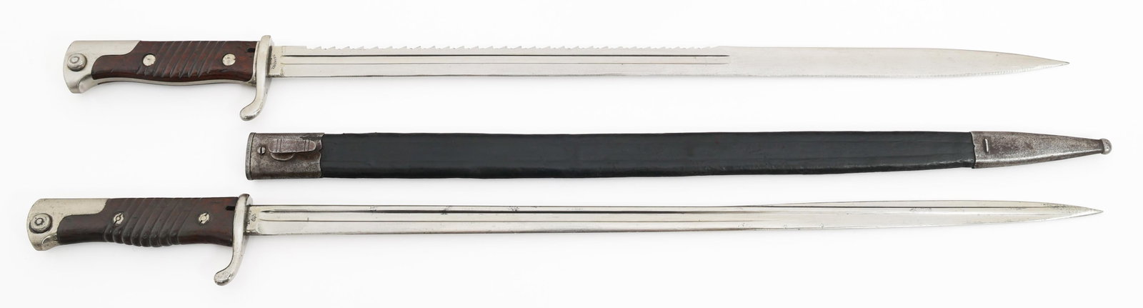 IMPERIAL GERMAN M1898 BAYONETS: IMPERIAL GERMAN M1898 BAYONETS Imperial German M1898 Bayonets. One sawback spine. Maker marked by C. G. Haenel and Erfurt. One scabbard. Blade Length: 20 1/2" Total Length: 25 3/4"
