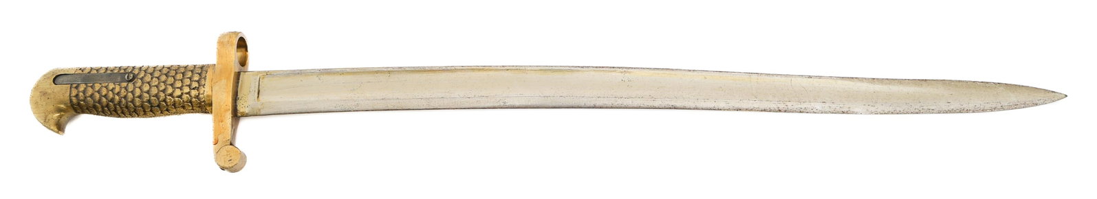 REMINGTON ROLLING BLOCK EXPORT RIFLE BAYONET: REMINGTON ROLLING BLOCK EXPORT RIFLE BAYONET Remington Rolling Block Export Rifle Bayonet. Single edged, yataghan blade with fuller. No visible marks. Brass hilt. No scabbard. Blade Length: 19 7/8" To