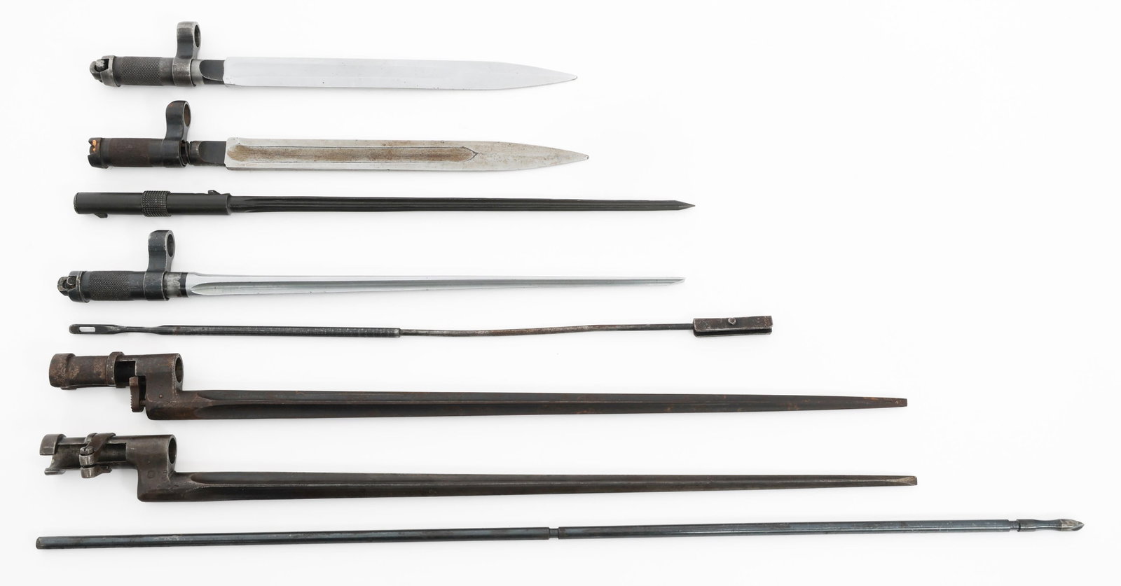 19th - 20th C. WORLD MILITARY & SOCKET BAYONET: 19th - 20th C. WORLD MILITARY & SOCKET BAYONET 19th - 20th Century World Military SKS and Socket Bayonets. Includes partial ram rod. Blade Length: 9" to 16 1/2" Total Length: 12 1/2" to 19 3/4"