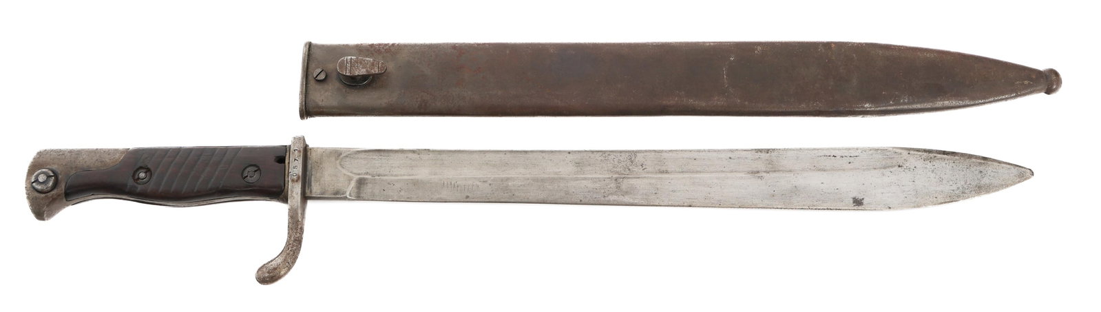 IMPERIAL GERMAN M1898/05 BUTCHER BAYONET: IMPERIAL GERMAN M1898/05 BUTCHER BAYONET Imperial German M1898/05 Butcher Bayonet. Single edged, bright blade with fuller. Royal acceptance stamps on the spine and pommel. Maker marked by Fichtel & Sa