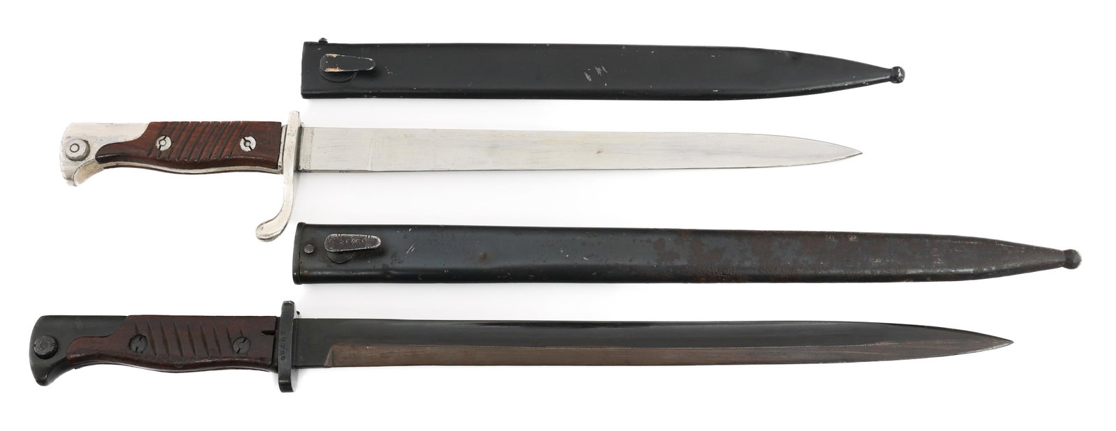 WWI GERMAN M1898 ERSATZ BAYONETS: WWI GERMAN M1898 ERSATZ BAYONETS WWI German M1898 Ersatz Bayonets. (1) Dress M1898. Single edged, bright blade. No visible marks. Steel hilt with wood grips. No press stud. Black painted steel scabbar