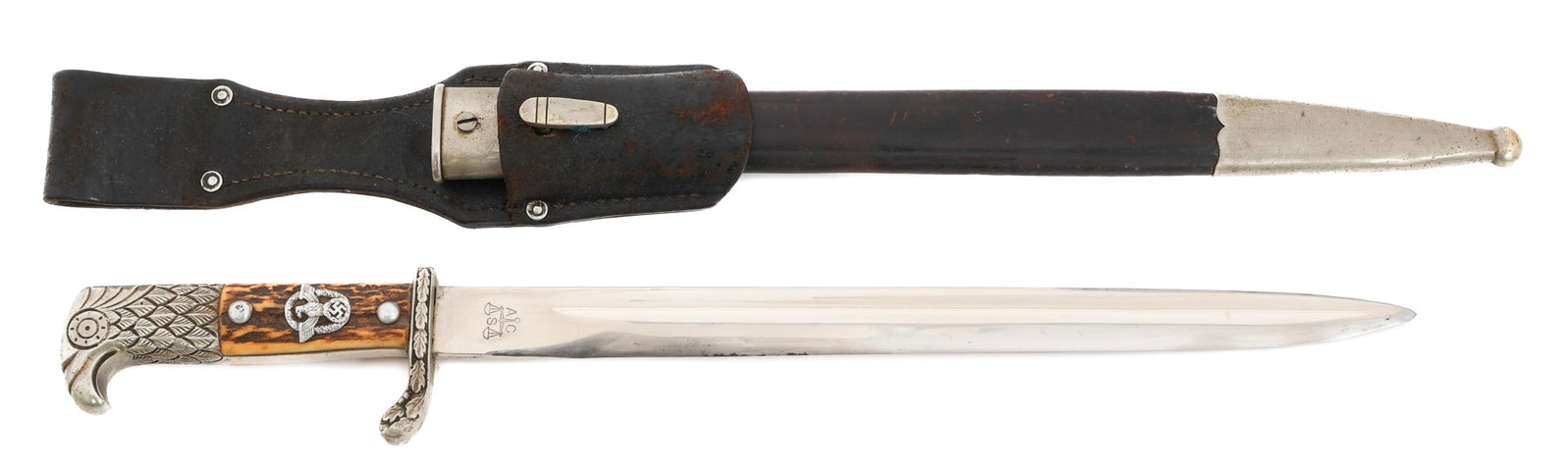 WWII GERMAN POLICE DRESS BAYONET by COPPEL: WWII GERMAN POLICE DRESS BAYONET by COPPEL WWII German Police Dress Bayonet. Single edged, bright blade with fuller. Maker marked by Alexander Coppel on the ricasso. Leather buffer pad present. Decora