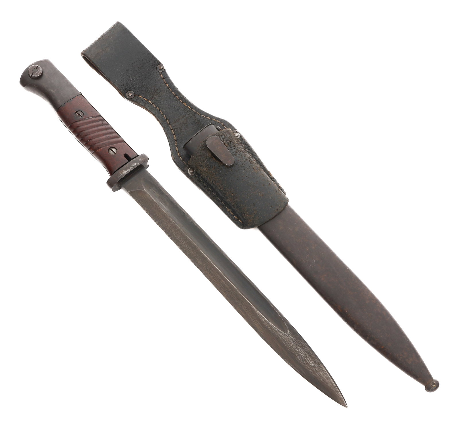 WWII GERMAN SS / POLICE K98 COMBAT BAYONET: WWII GERMAN SS / POLICE K98 COMBAT BAYONET WWII German SS / Police K98 Combat Bayonet. Single edged, blued blade with fuller. No maker mark or serial number. SS Kulturzeichen mark stamped on the ricas