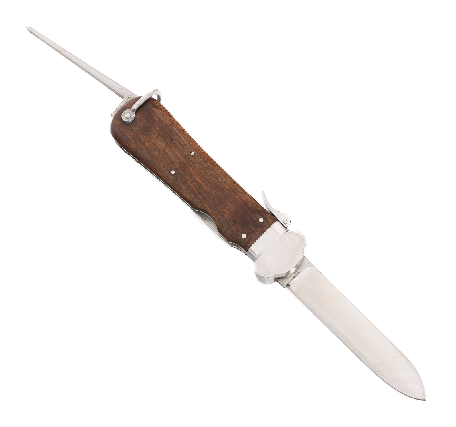 WWII GERMAN PARATROOPER NON-TAKEDOWN GRAVITY KNIFE: WWII GERMAN PARATROOPER NON-TAKEDOWN GRAVITY KNIFE WWII German Paratrooper Non-Takedown Gravity Knife. Single edged, stainless steel blade. Maker mark of Paul Weyerberg and Rostfrei etched on the blad