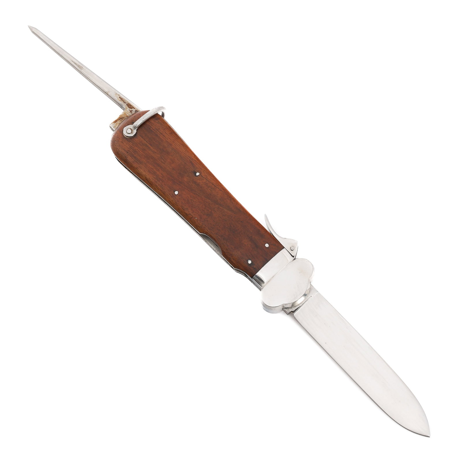 WWII GERMAN PARATROOPER GRAVITY KNIFE by SMF: WWII GERMAN PARATROOPER GRAVITY KNIFE by SMF WWII German Paratrooper Non-Takedown Gravity Knife. Single edged, stainless steel blade. Maker mark by SMF and "Rostfrei" acid etched on the blade. "105 4"