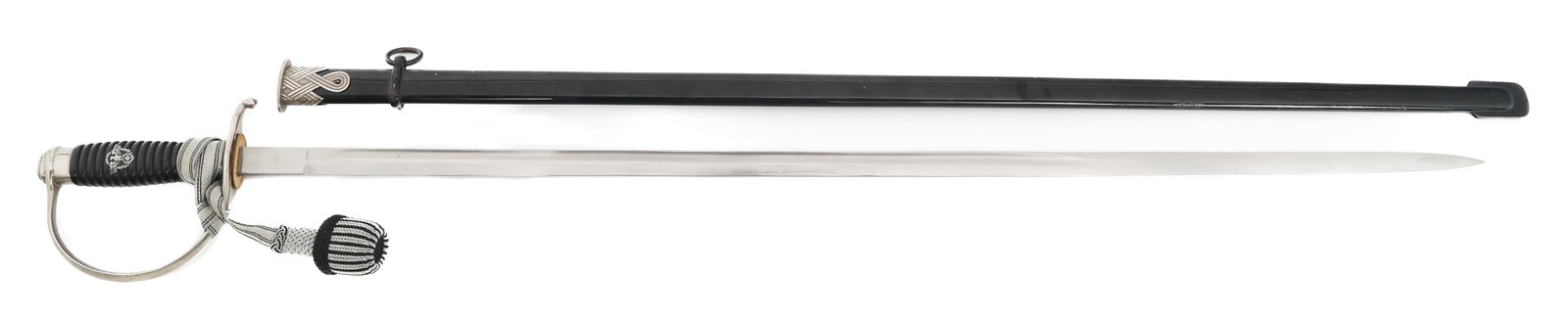 WWII GERMAN SS POLICE NCO DEGEN SWORD by KREBS: WWII GERMAN SS POLICE NCO DEGEN SWORD by KREBS WWII German SS Police NCO Degen Sword. Single edged, bright blade with fuller. Maker marked by Pet Dan Krebs, Solingen stamped on one side of the ricasso
