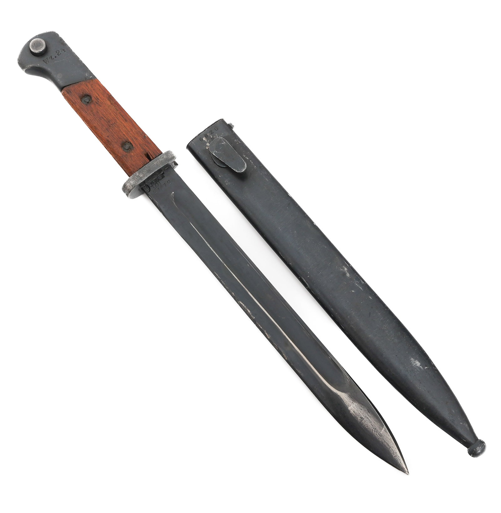 WWII POLISH WZ.24 BAYONET by PERKUN: WWII POLISH WZ.24 BAYONET by PERKUN WWII Polish Wz.24 Bayonet. Single edged, blued blade with fuller. Maker mark by Perkun and inspection stamps on the ricasso. Blued steel hilt with wood grips. "Wz.2