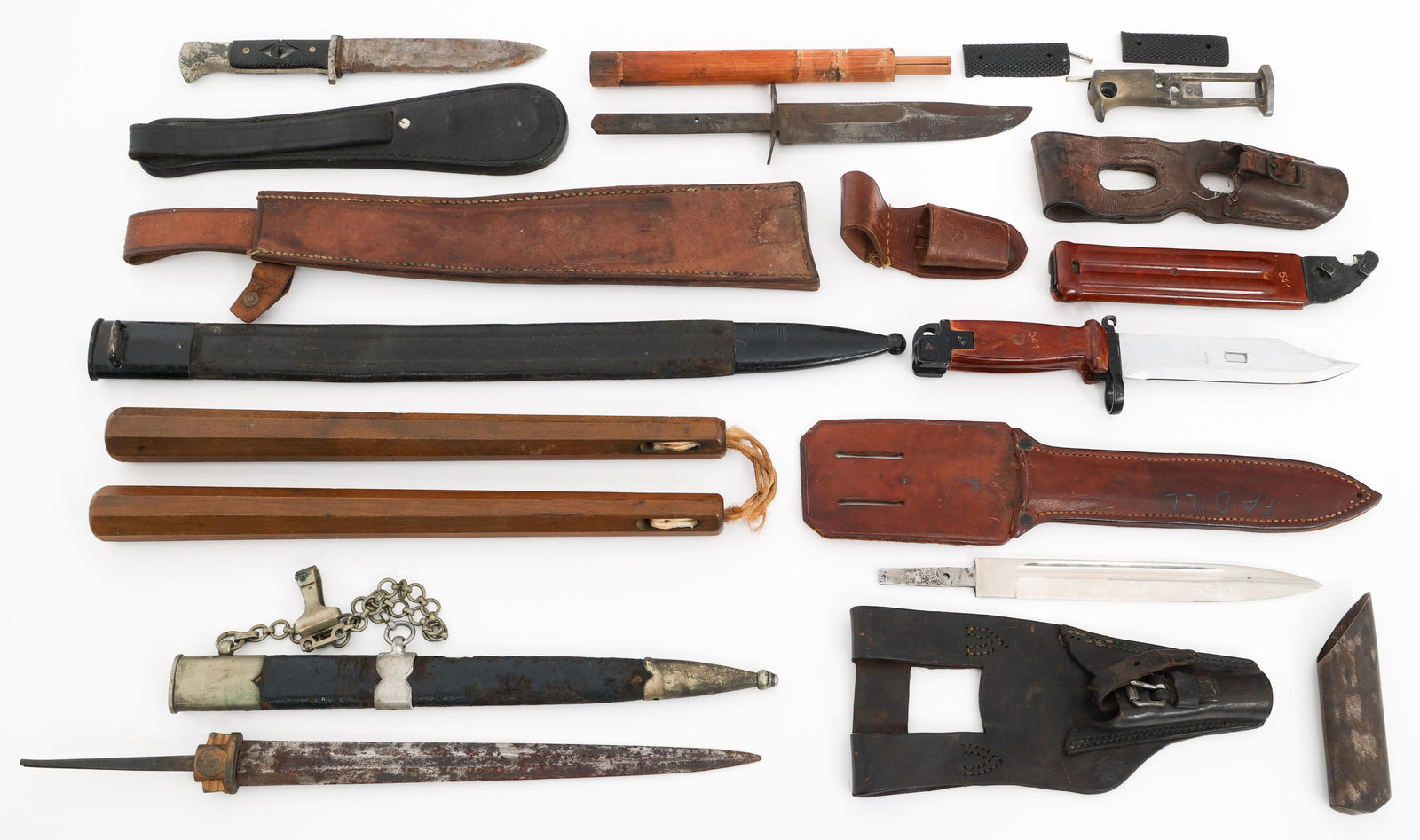WWII - COLD WAR WORLD EDGED WEAPON BONANZA: WWII - COLD WAR WORLD EDGED WEAPON BONANZA WWII - Cold War World Edged Weapon Bonanza. Includes AKM bayonet, dress dagger parts, Hitler Youth Knife with no diamond or maker mark, scabbards, sheaths, l