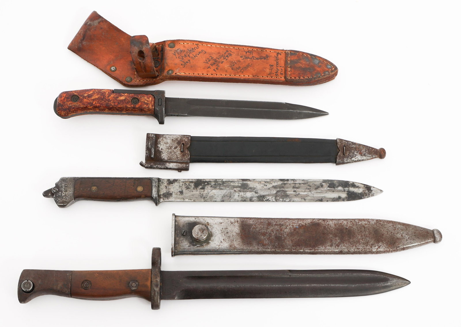 19th C. - COLD WAR WORLD MILITARY BAYONETS: 19th C. - COLD WAR WORLD MILITARY BAYONETS 19th Century - Cold War World Military Bayonets. (1) Israeli Captured Mauser Bayonet. Steel scabbard. (1) Czech VZ-58. Leather sheath. (1) Danish M1889. Leat