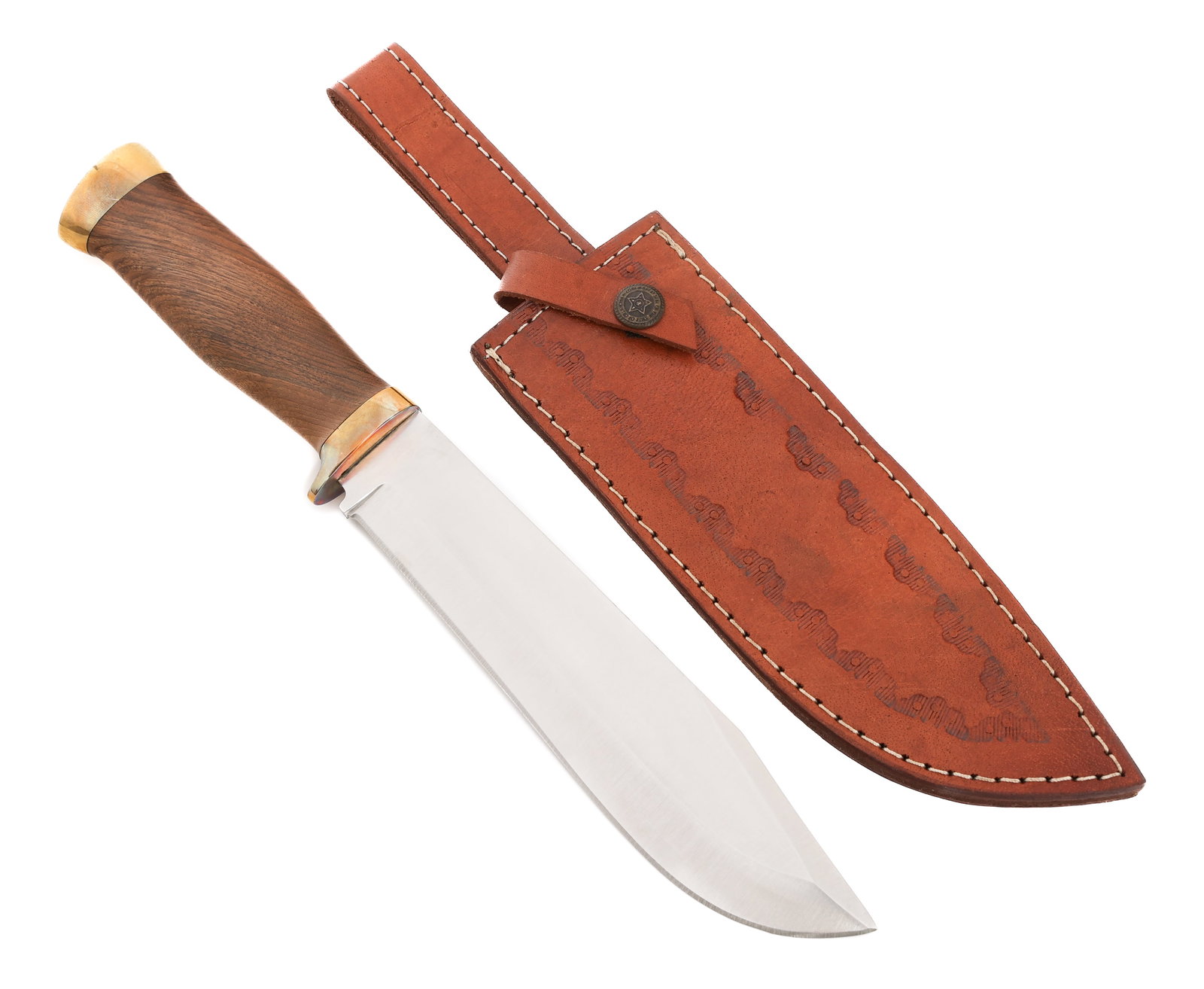 ASH BOWIE HUNTER KNIFE: ASH BOWIE HUNTER KNIFE ASH Oklahoma Bowie Hunter Knife. Drop point, single edged, bright, 440c Steel bowie blade. Maker marked by ASH on the ricasso. Brass single hilt, wooden handle and brass butt. D