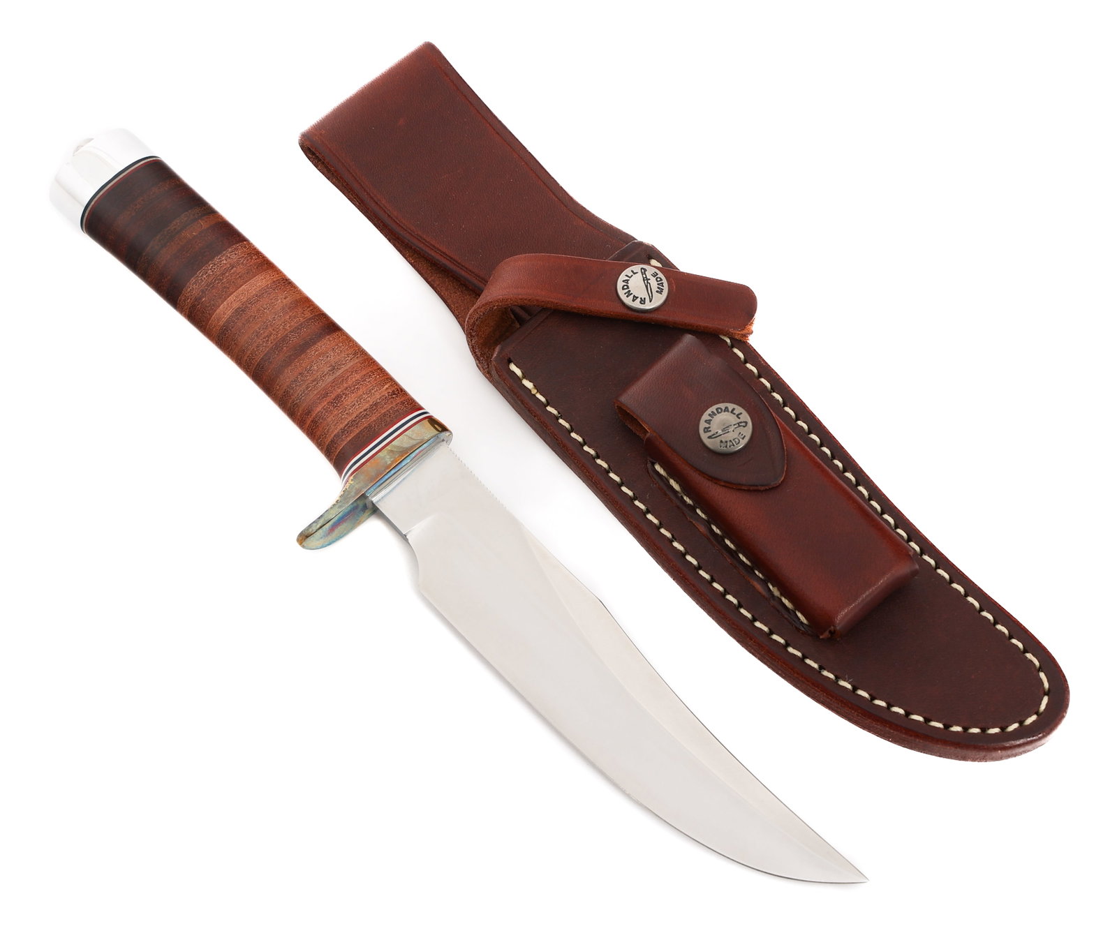 RANDALL MADE MODEL12-6 LITTLE BEAR BOWIE KNIFE: RANDALL MADE MODEL12-6 LITTLE BEAR BOWIE KNIFE Randall Made Model 12-6 Bowie Knife. Single edged, bright blade with thumb notches. Maker mark of Randall Made Orlando, Fla stamped near the spine. Brass