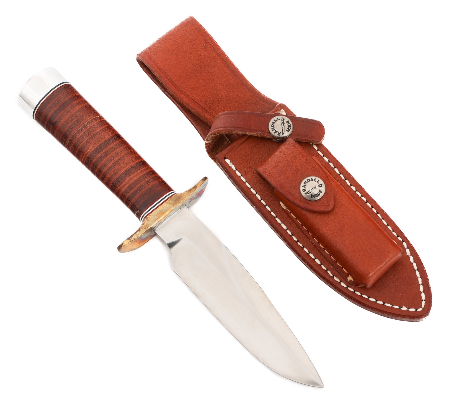 RANDALL COMBAT CAMPANION FIGHTING KNIFE: RANDALL COMBAT CAMPANION FIGHTING KNIFE Randall Combat Companion Fighting Knife. Single edged, bright, stainless steel blade. Maker mark of Randall Made, Orlando, Fla. stamped on one side of the blade