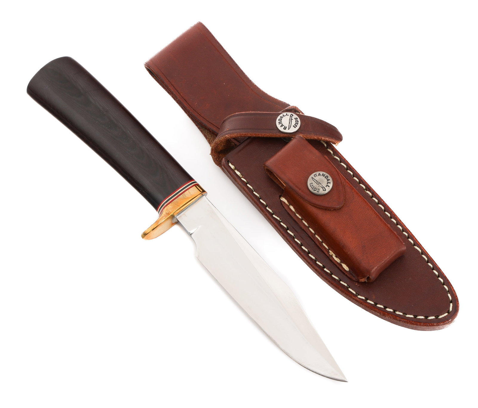 RANDALL MODEL 1 ALL PURPOSE FIGHTING KNIFE: RANDALL MODEL 1 ALL PURPOSE FIGHTING KNIFE Randall Model 1 All Purpose Fighting Knife. Clip point, single edged bright blade. Maker mark of Randall Made Orlando, Fla stamped near the spine. Single bra