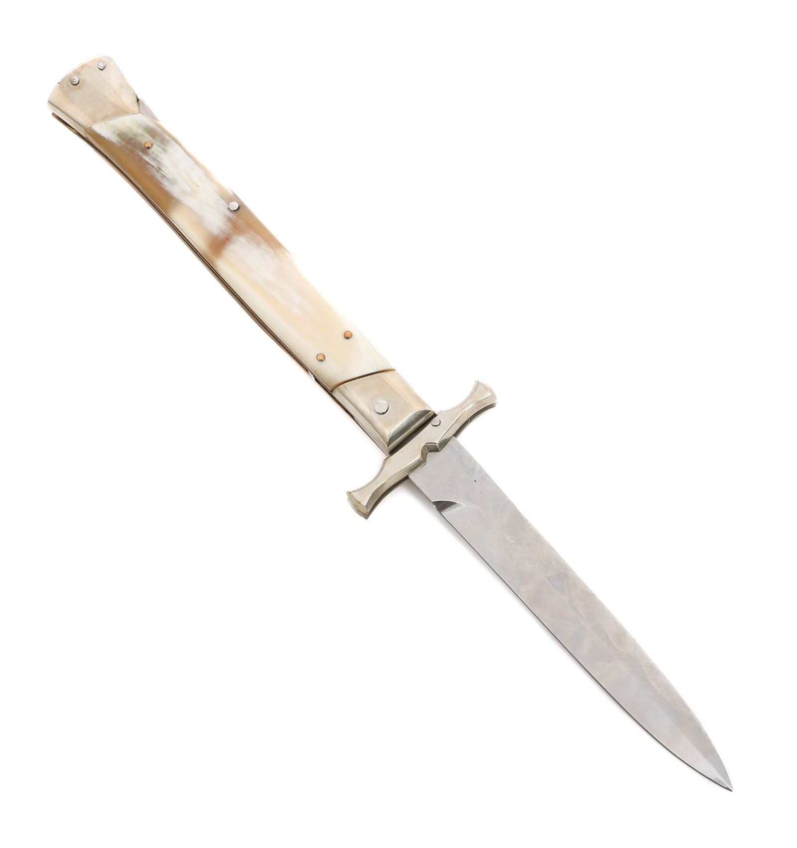 AGA CAMPOLIN SWITCHBLADE STILETTO KNIFE: AGA CAMPOLIN SWITCHBLADE STILETTO KNIFE A.G.A. Campolin Switchblade Stiletto Knife. Single edged, bright stiletto blade. Maker marked "A.G.A. CAMPOLIN Maniago-Italy 2013" on the ricasso. Nickel-silver