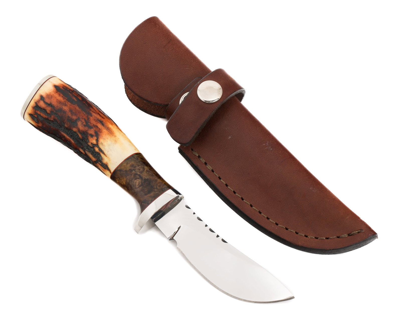 FIXED BLADE KNIFE by L. F. PEAL WITH SHEATH: FIXED BLADE KNIFE by L. F. PEAL WITH SHEATH Fixed Blade Knife. Single edged, bright blade with serrated spine. Maker mark of L. F. Peal stamped near the ricasso. Stag horn grip with wooden spacer and 