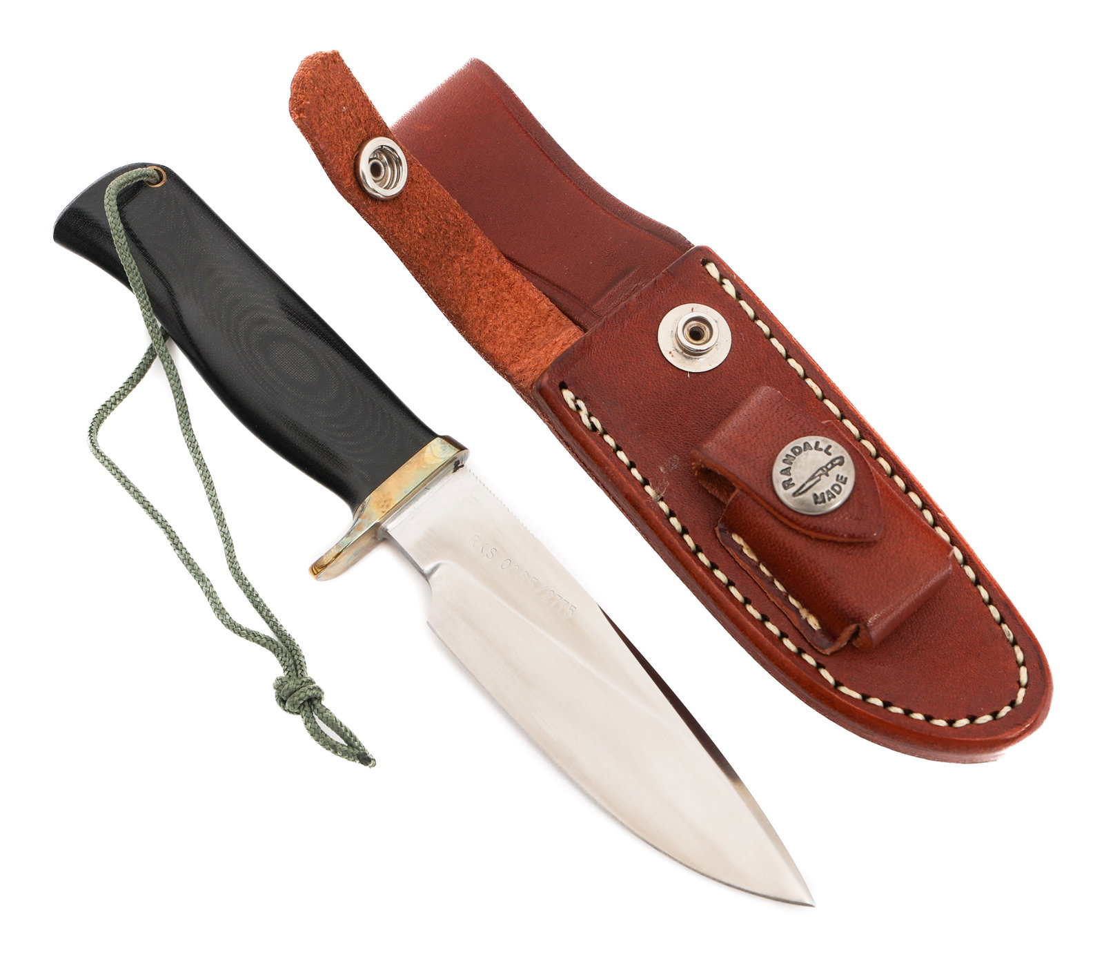 RANDALL MINI MODEL 28 RKS 0065-2775 WOODSMAN KNIFE: RANDALL MINI MODEL 28 RKS 0065-2775 WOODSMAN KNIFE Randall Mini Model 28 Woodsman Knife. Single edged, bright blade. Maker mark of Randall Made Orlando, Fla stamped on one side near the spine, "RKS 00