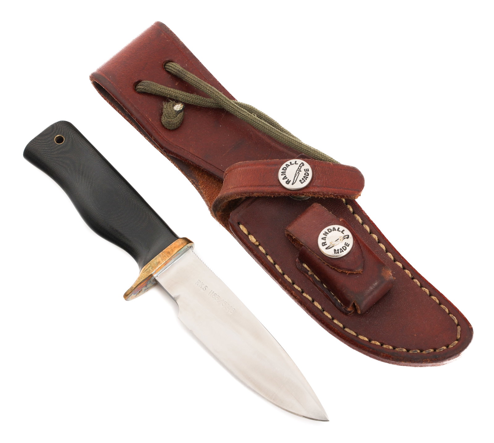 RANDALL MINI MODEL 28 RKS 1183-5146 WOODSMAN KNIFE: RANDALL MINI MODEL 28 RKS 1183-5146 WOODSMAN KNIFE Randall Mini Model 28 Woodsman Knife. Single edged, bright blade. Maker mark of Randall Made Orlando, Fla stamped on one side near the spine, "RKS 11