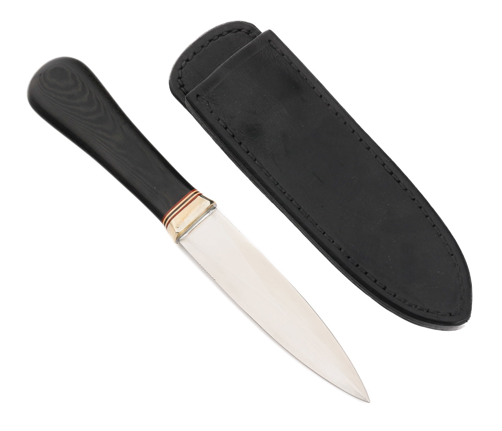 RANDALL MODEL 24 GUARDIAN KNIFE: RANDALL MODEL 24 GUARDIAN KNIFE Randall Model 24 Guardian Knife. Double edged, bright blade with thumb notches and maker mark of Randall Made, Orlando, Fla. stamped on one side. Randall Made black lea