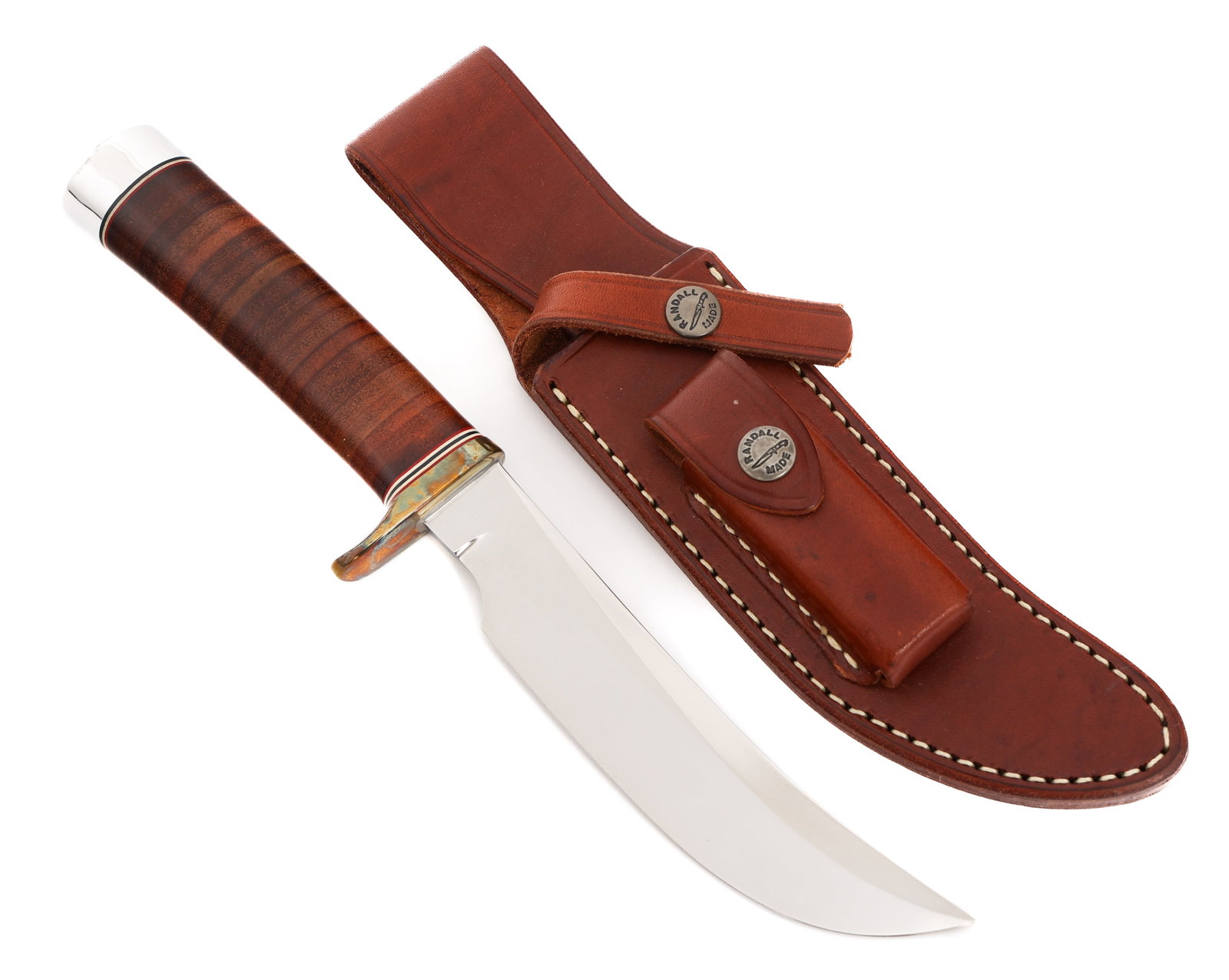 RANDALL MODEL 4 BIG GAME SKINNER KNIFE: RANDALL MODEL 4 BIG GAME SKINNER KNIFE Randall Model 4 Big Game Skinner Knife. Single edged bright blade. Maker mark of Randall Made Orlando, Fla stamped near the spine. Single brass hilt with stacked