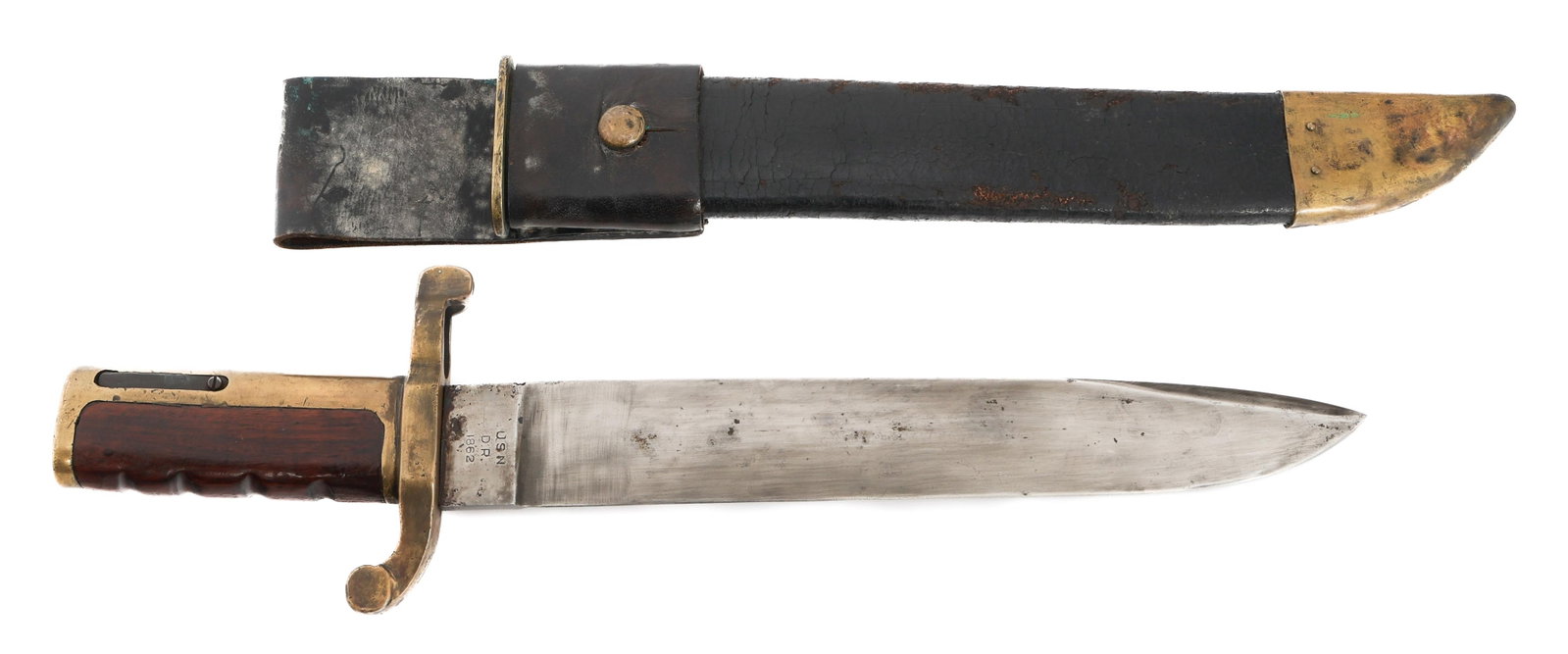REENACTOR CIVIL WAR USN DAHLGREN BAYONET: REENACTOR CIVIL WAR USN DAHLGREN BAYONET Modern copy of Civil War US Navy Dahlgren Bowie Boarding Bayonet. Leather scabbard. Blade Length: 12 1/4" Total Length: 17 1/8"