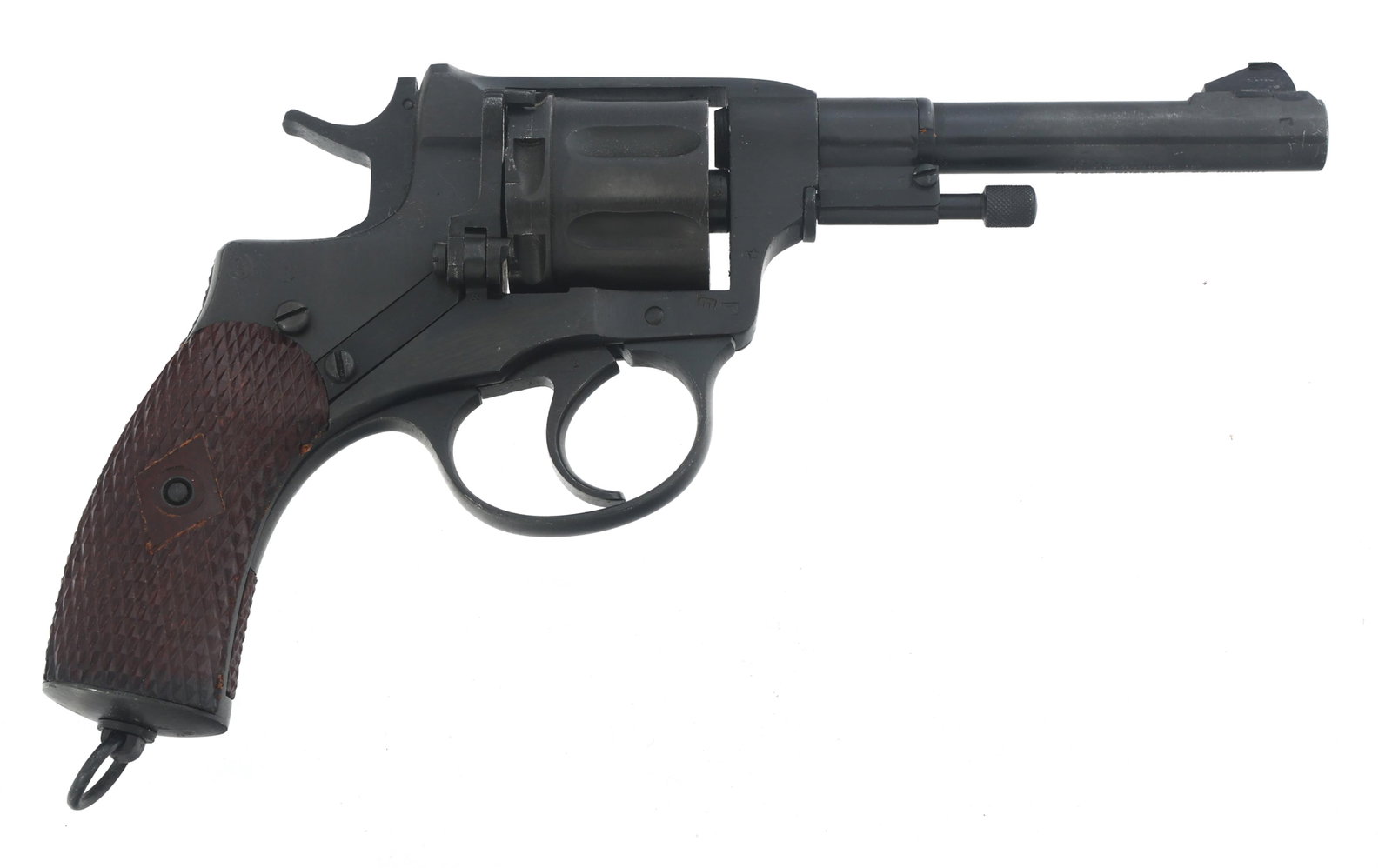 WWII RUSSIAN TULA MODEL 1895 7.62x38mmR REVOLVER: WWII RUSSIAN TULA MODEL 1895 7.62x38mmR REVOLVER 1930 WWII Russian Tula Model 1895 7.62x38mmR caliber DA Nagant revolver. I.O. Inc. import mark. Seven-shot fluted cylinder. Left side of frame stamped 