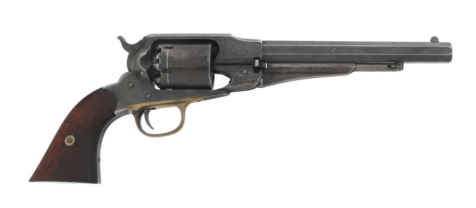 US REMINGTON NEW MODEL ARMY .44 CAL REVOLVER: US REMINGTON NEW MODEL ARMY .44 CAL REVOLVER US Remington New Model Army .44 caliber single action percussion revolver. Serial numbers match on frame and barrel. Remington two line address on top of b