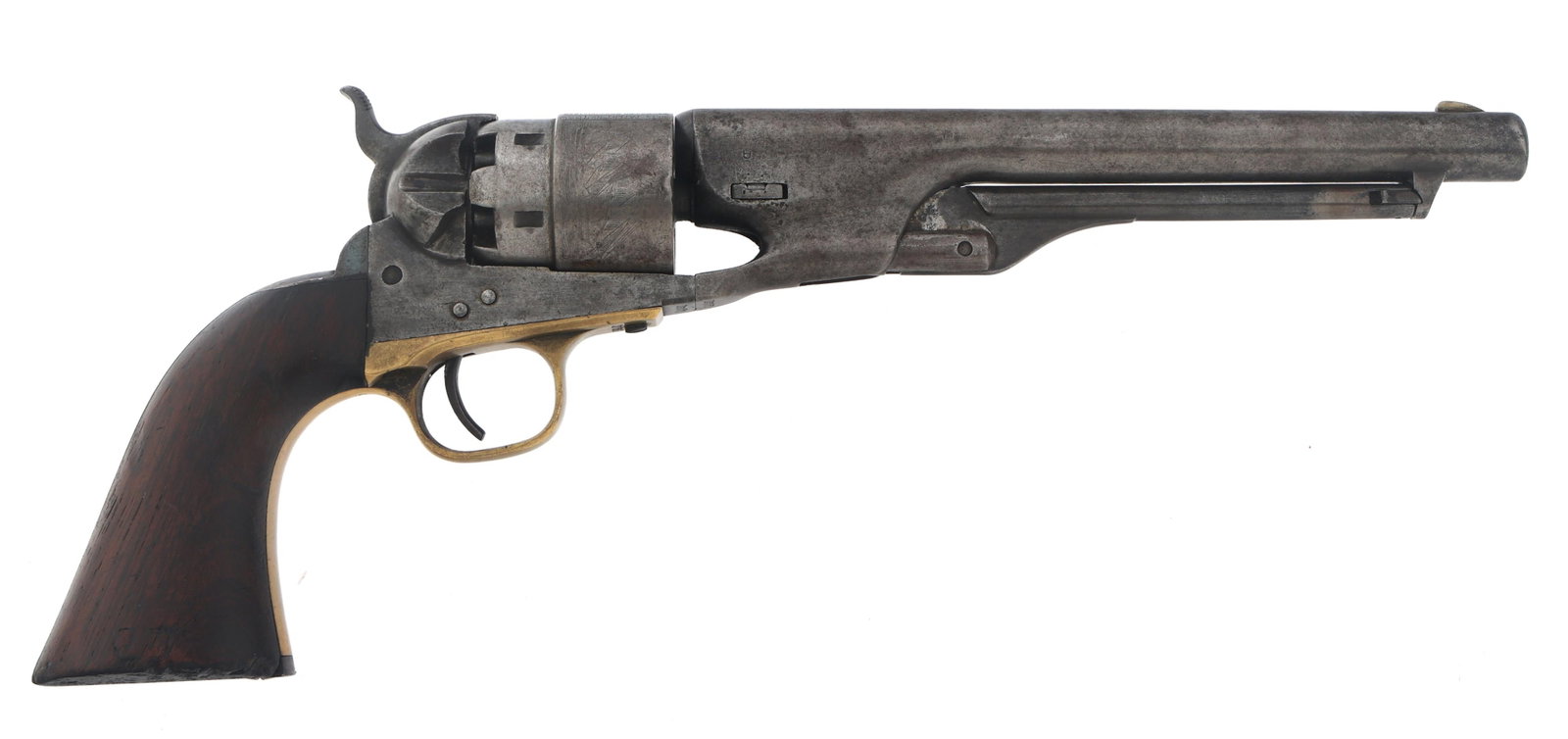 US 1863 COLT MODEL 1860 ARMY .44 CALIBER REVOLVER: US 1863 COLT MODEL 1860 ARMY .44 CALIBER REVOLVER US 1863 Colt Model 1860 Army .44 caliber SA percussion revolver. 8 inch round barrel. Engraved six-shot cylinder. Serial numbers match on barrel, fram